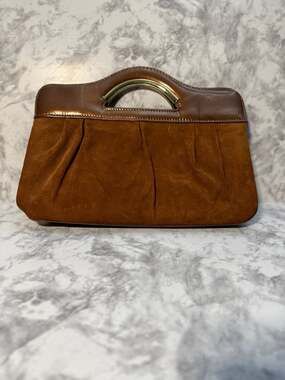 Vintage Brown Suede and Leather Clutch with Gold Metallic Top Handle